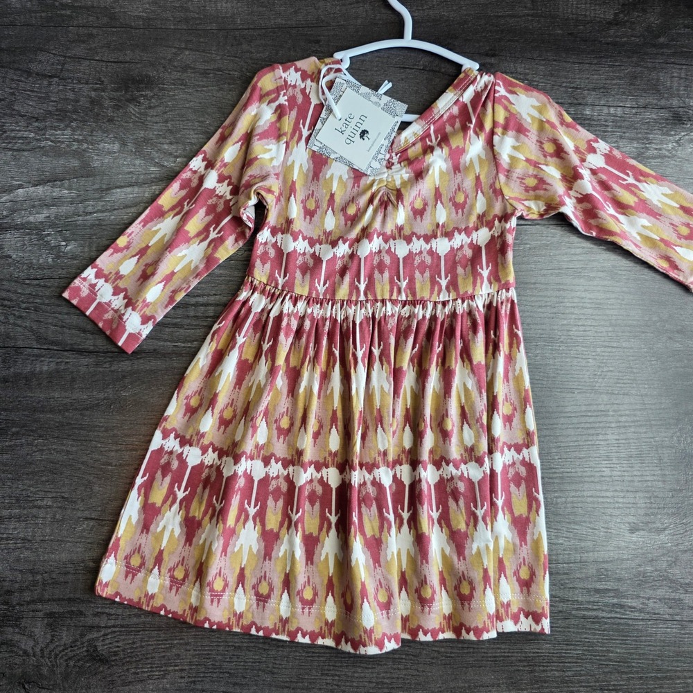 Kate Quinn Bamboo Collection Ikat Long Sleeve Dress Red Yellow 12-18M NWT